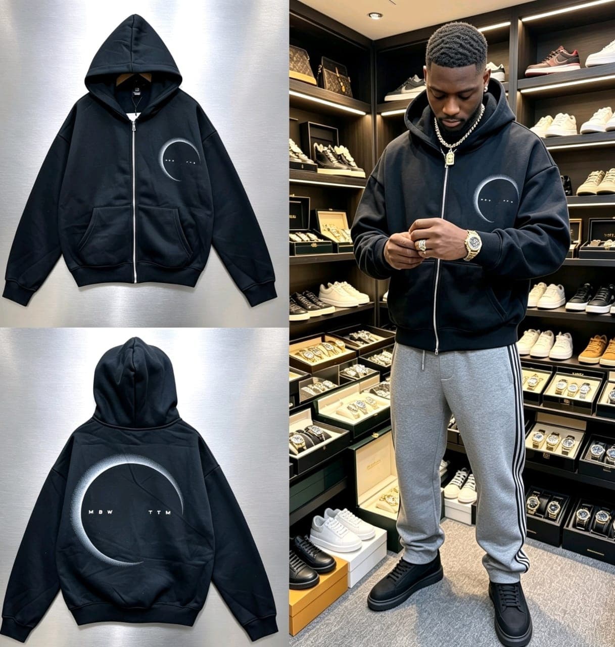 Red zip-up hoodie with crescent graphic, back eclipse design, and model seated in airport.
