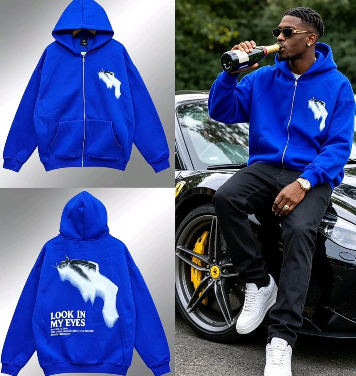 Red zip-up hoodie with chest graphic, back LOOK IN MY EYES text, and model seated on car.