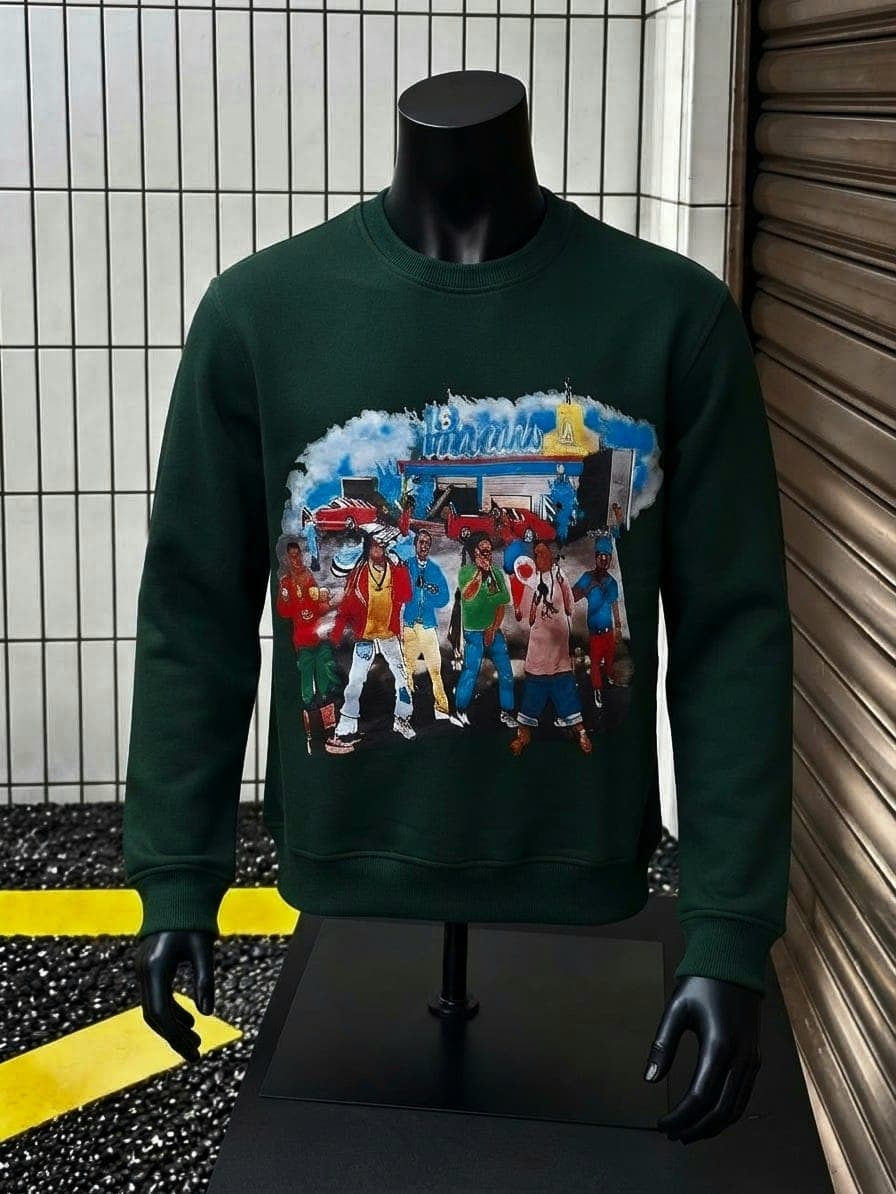 Mannequin wearing dark green sweatshirt with large colorful graphic print on front.