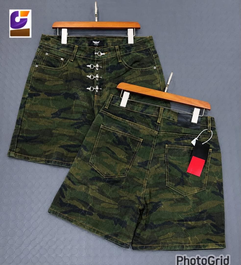 Light blue denim shorts with multi-hook lace-up front closure on wooden hangers, front and back views.