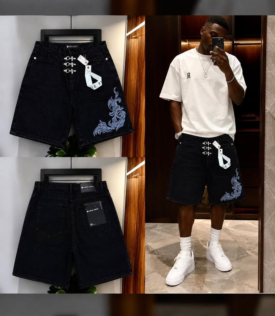 Light blue embroidered denim shorts shown in studio flat lays and on model wearing with white t-shirt and sneakers.