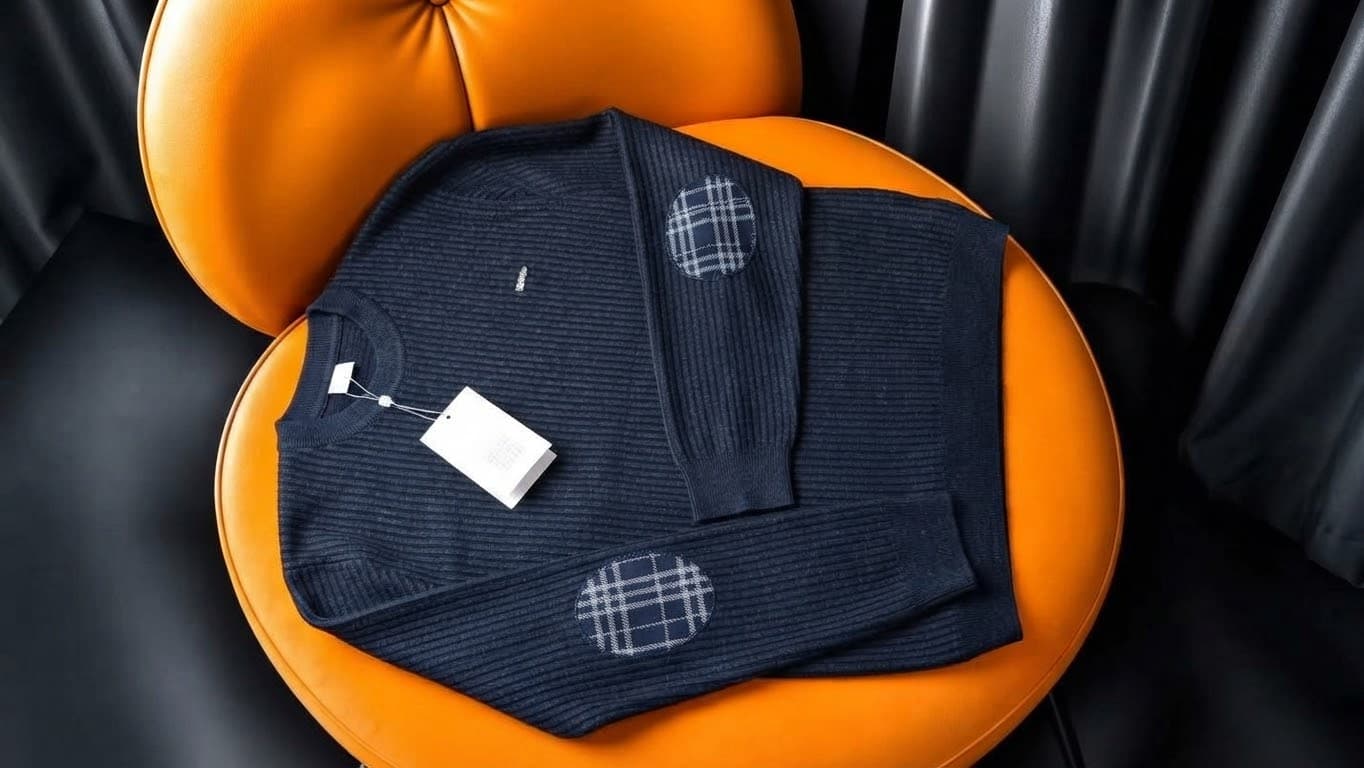 Navy blue Supreme diamond pattern knit sweater on orange chair.