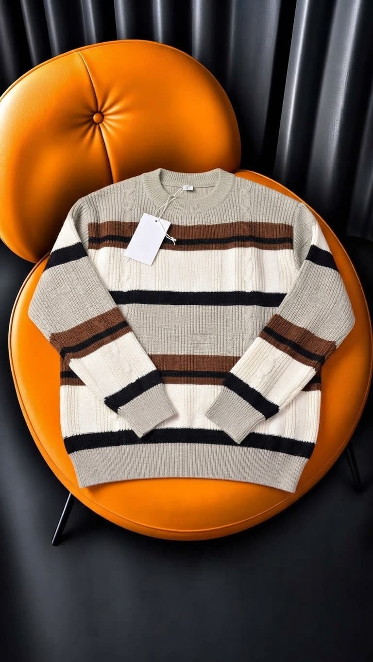 Beige brown and white striped knit sweater on orange chair.