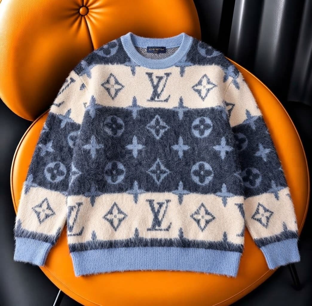 Red green white black striped cable knit sweater on orange chair.