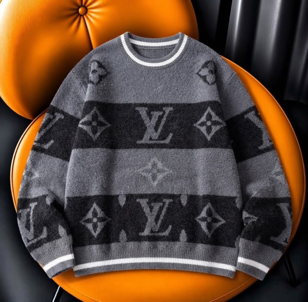 Brown chain link pattern knit sweater on orange chair.