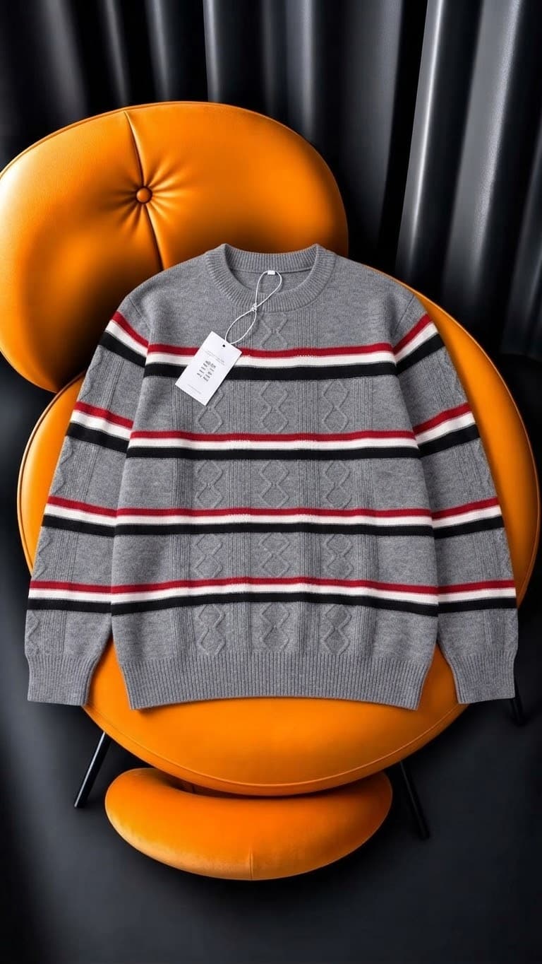 Green navy white striped waffle knit sweater on orange chair.