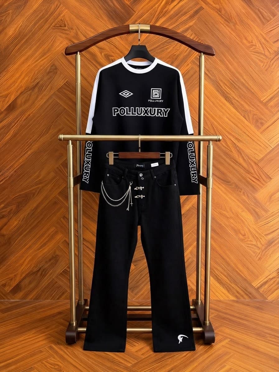 POLLUXURY white long sleeve graphic top with black contrast and black flared eyelet pants on wooden display stand.