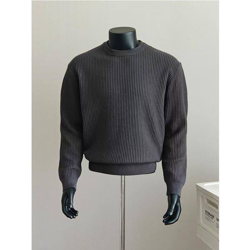 Dark gray ribbed knit crewneck sweater on mannequin.