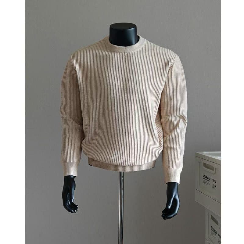 Cream ribbed knit crewneck sweater on mannequin.