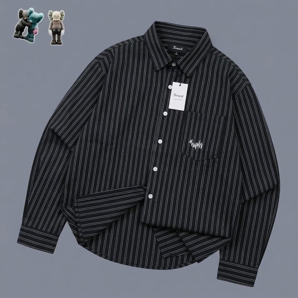Black and white striped long sleeve button down shirt with embroidered chest pocket