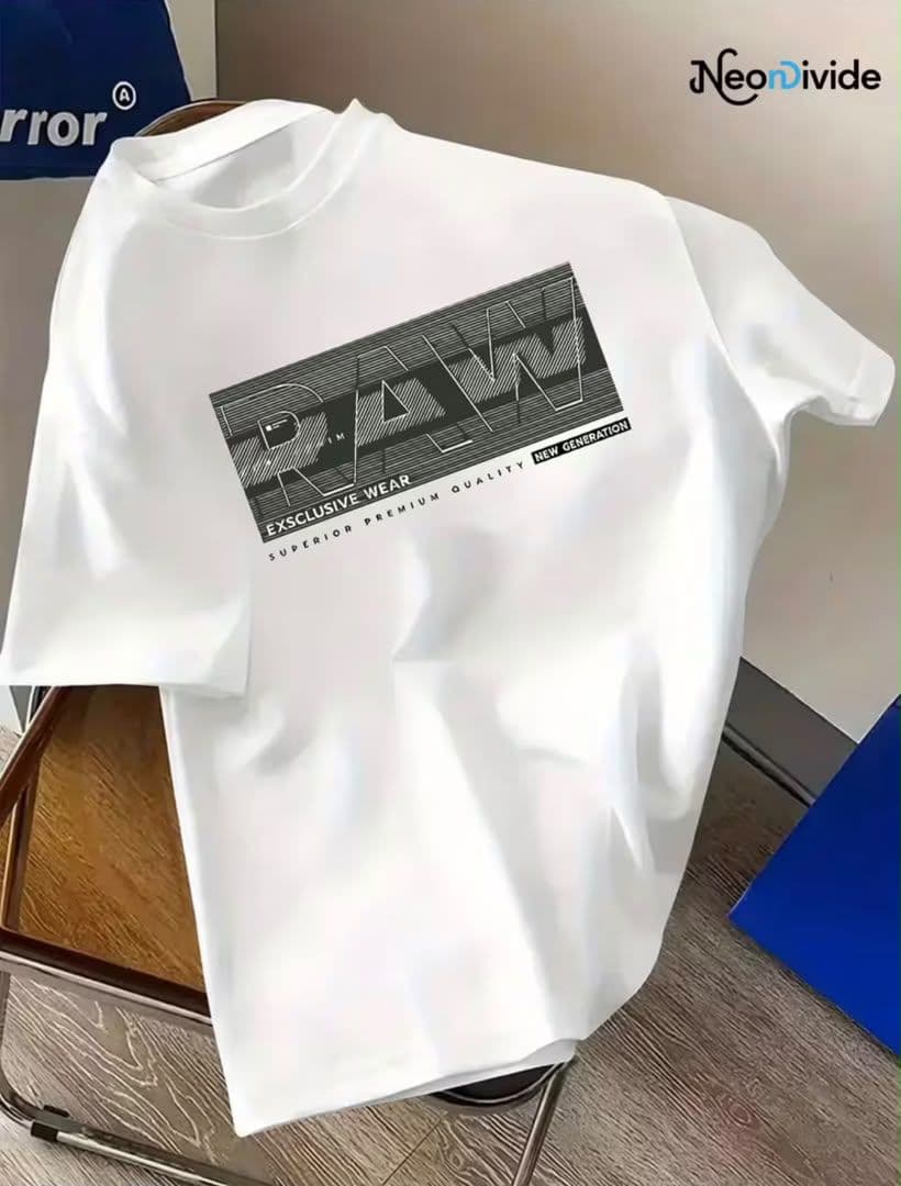 Black t-shirt with RAW graphic print on chest.