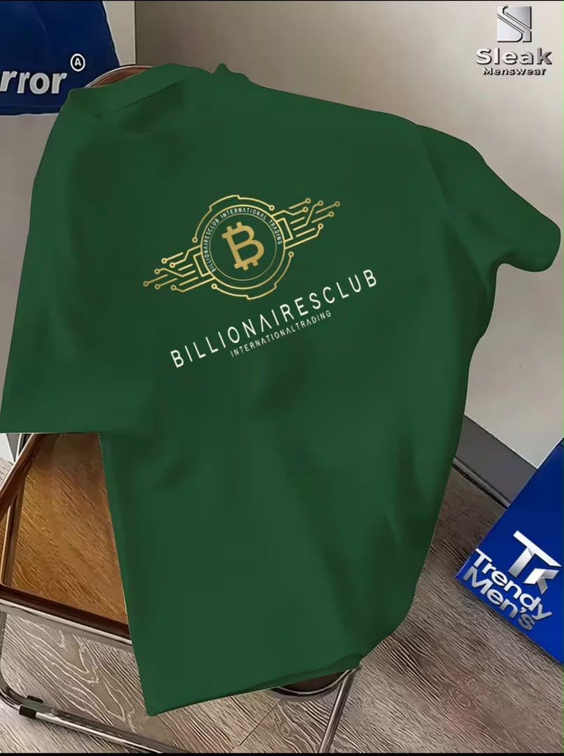 White t-shirt with Billionaires Club Bitcoin graphic.