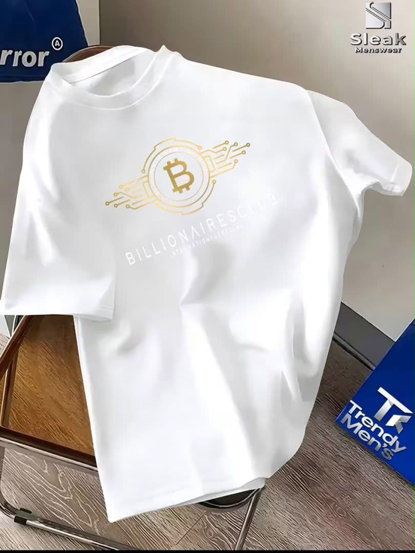 Green t-shirt with Billionaires Club Bitcoin graphic.