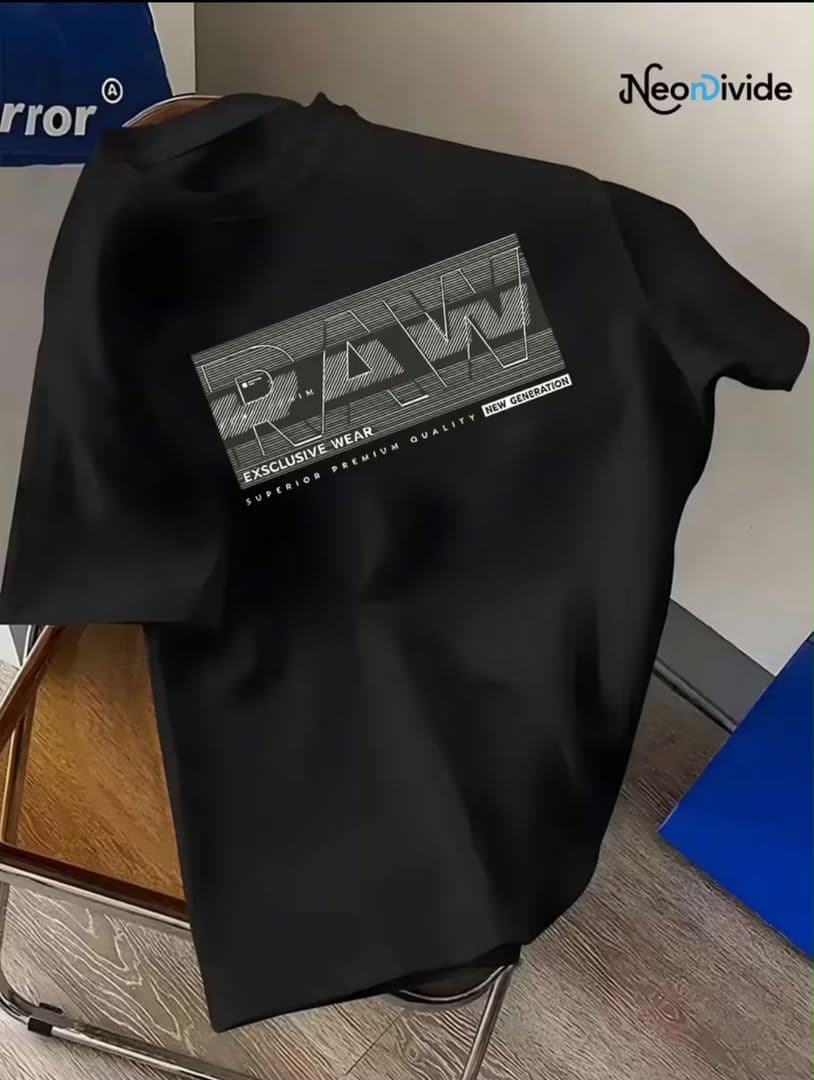 White t-shirt with RAW graphic print on chest.