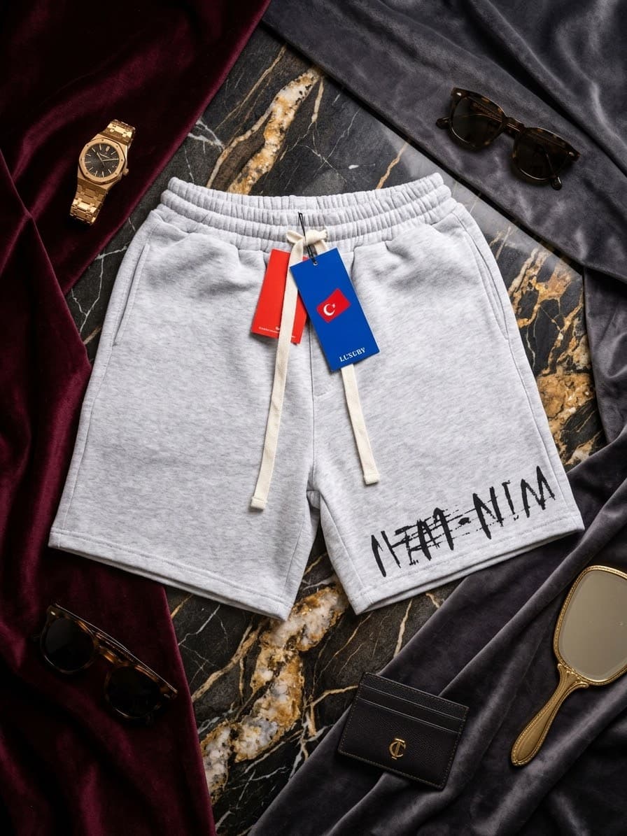 Light gray fleece shorts with black graffiti Nin-Nin text on velvet and marble with sunglasses.