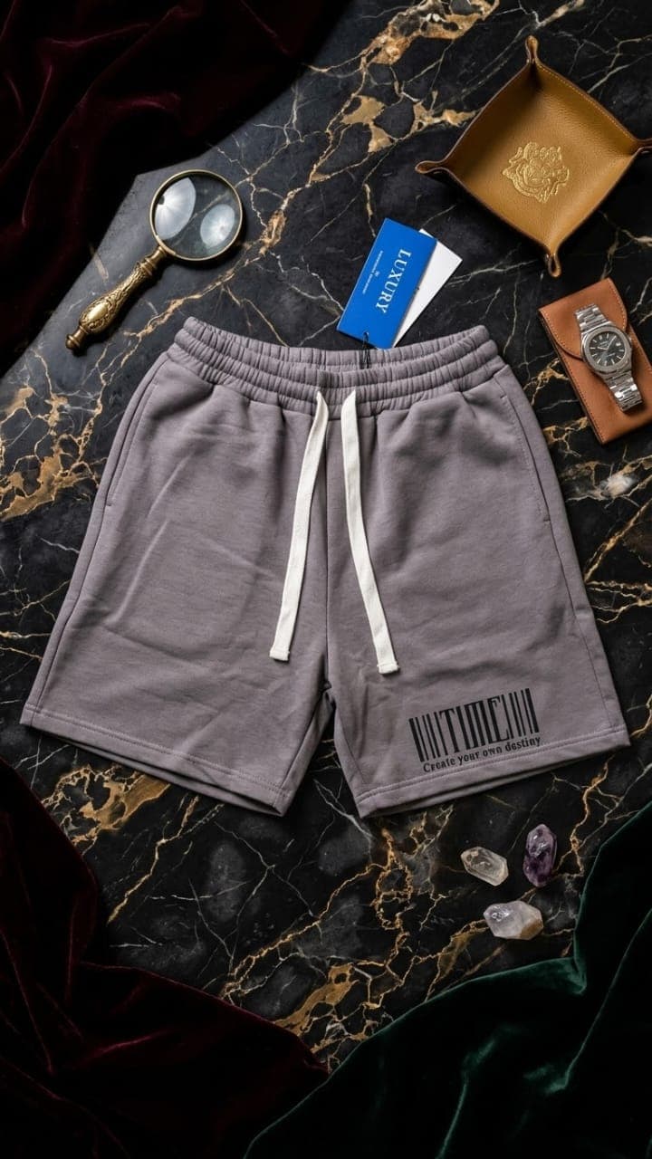 Gray fleece shorts with black barcode and Create your own destiny text styled with luxury accessories.