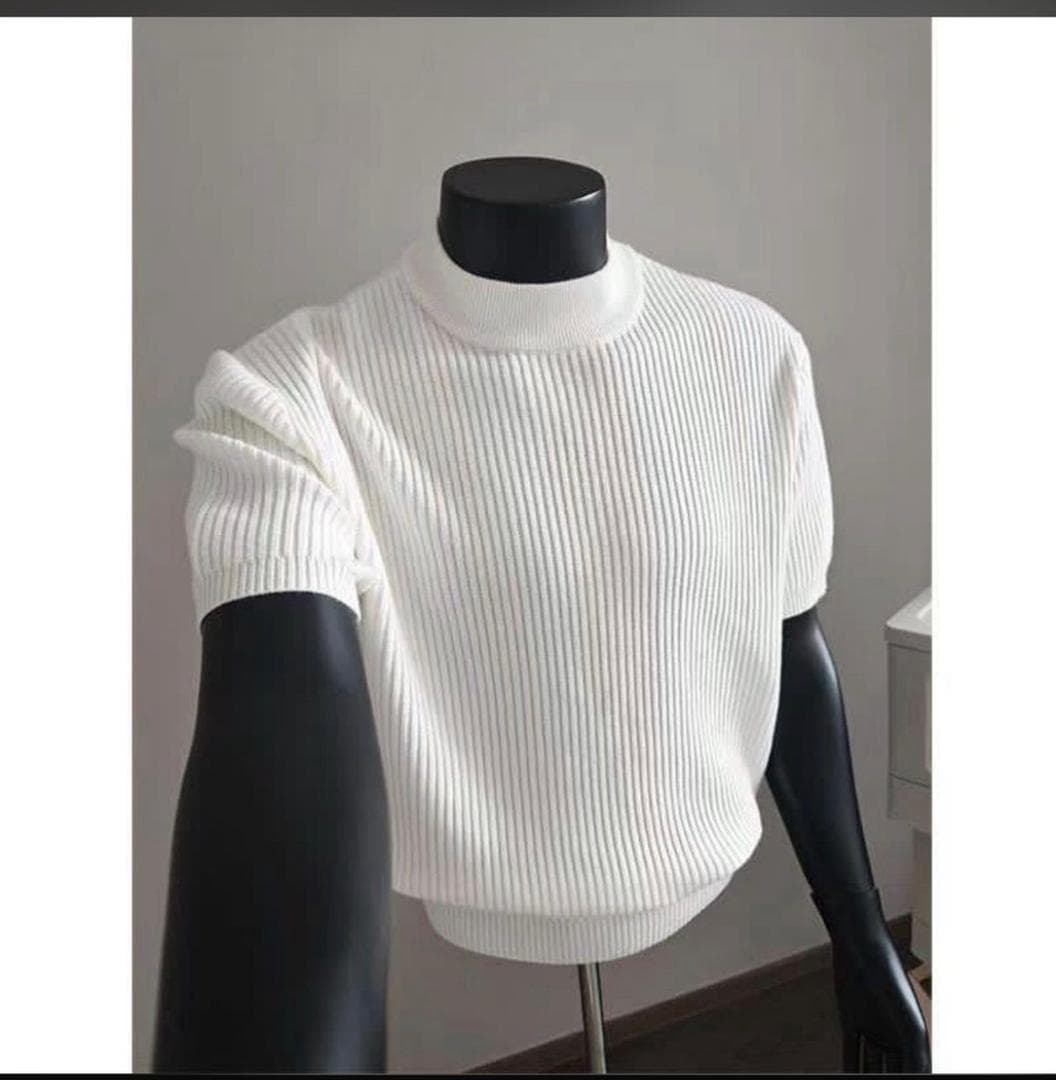 White ribbed knit mock neck short sleeve top on mannequin.
