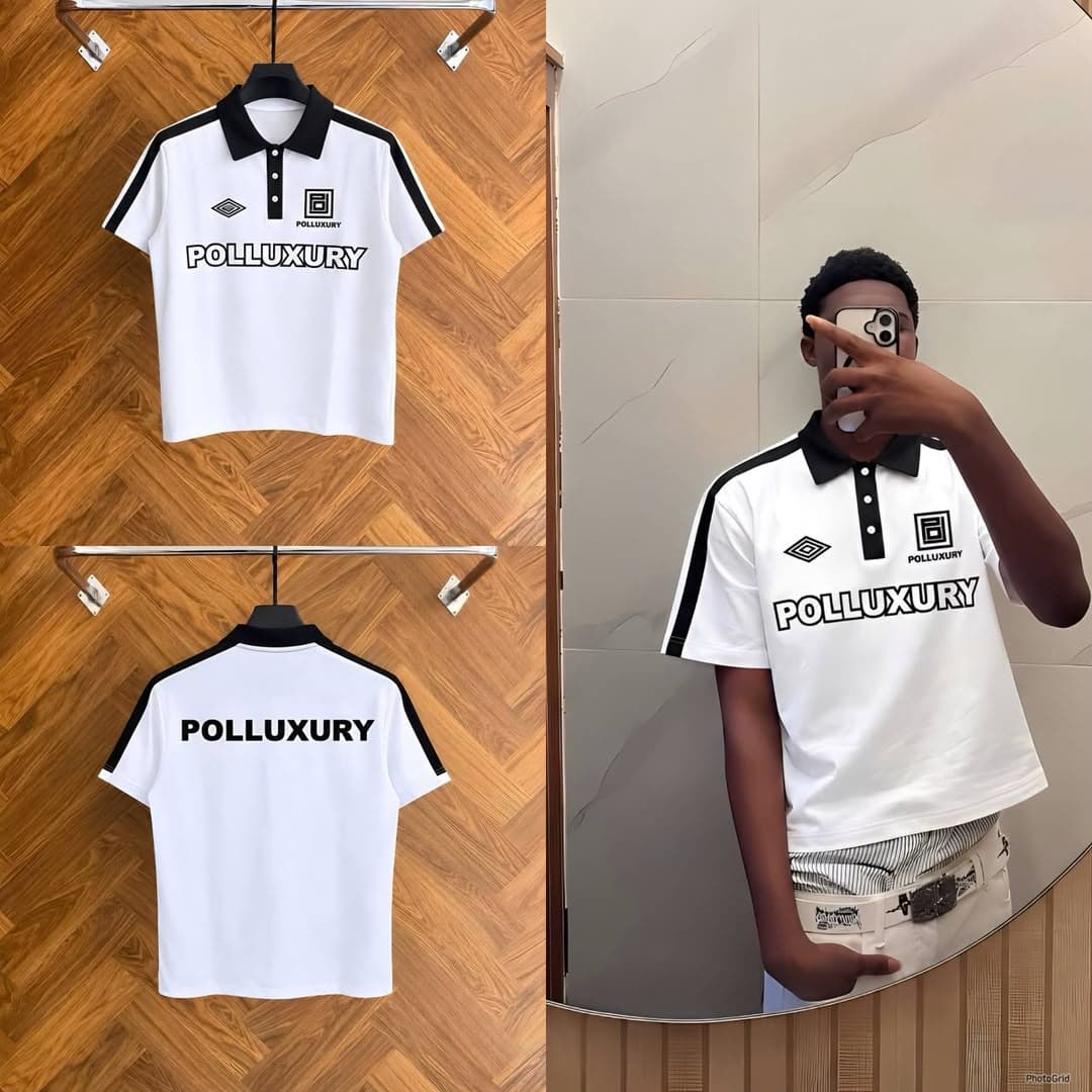 White POLLUXURY polo shirt with black accents shown in front, back and model lifestyle views.