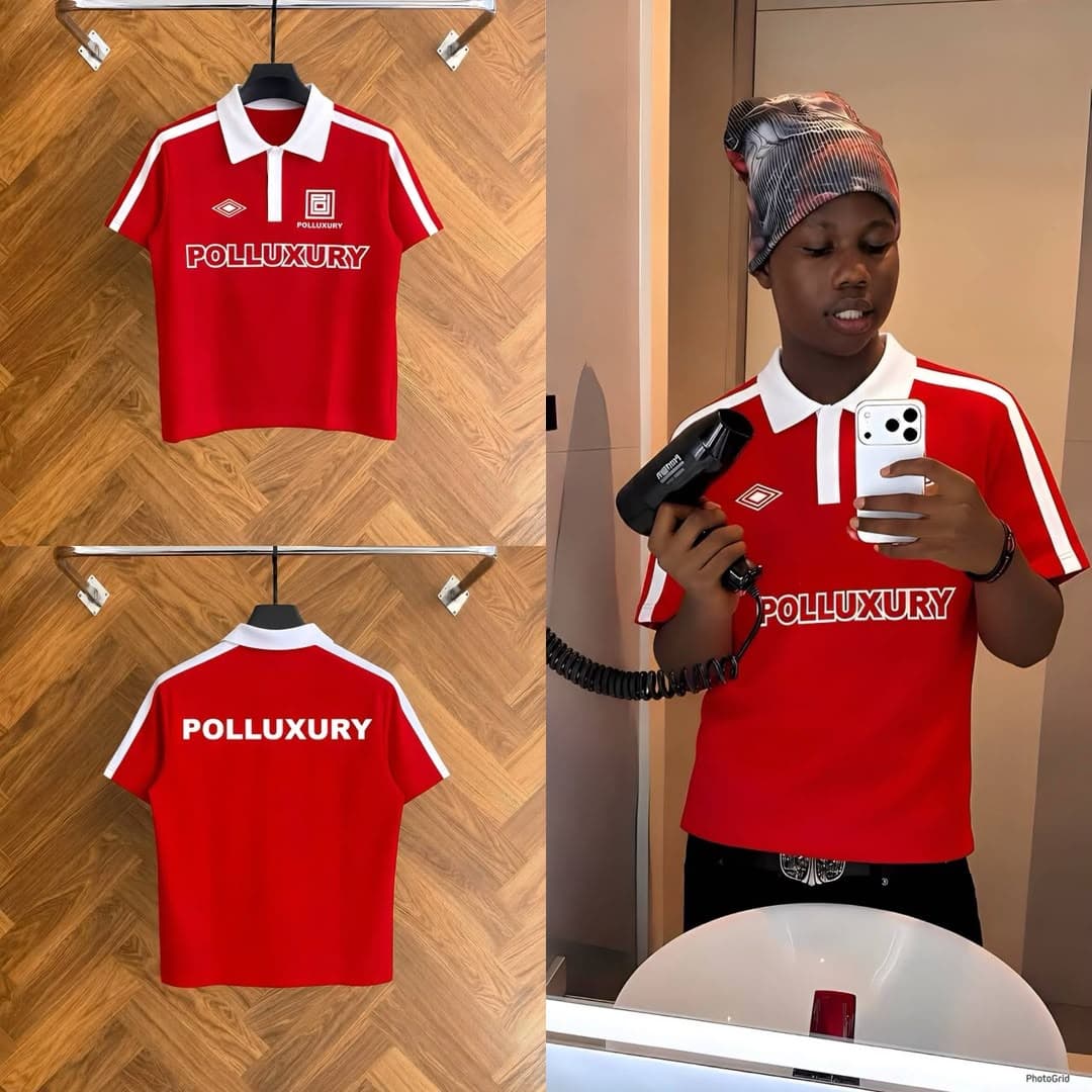 Red POLLUXURY polo shirt with white accents shown in front, back and model lifestyle views.