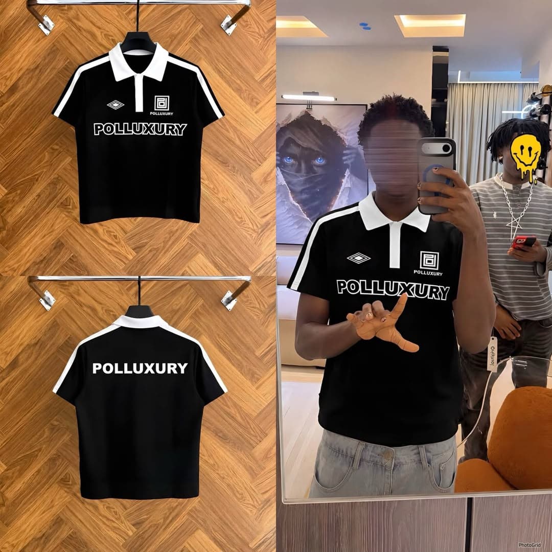 Black POLLUXURY polo shirt with white accents shown in front, back and model lifestyle views.