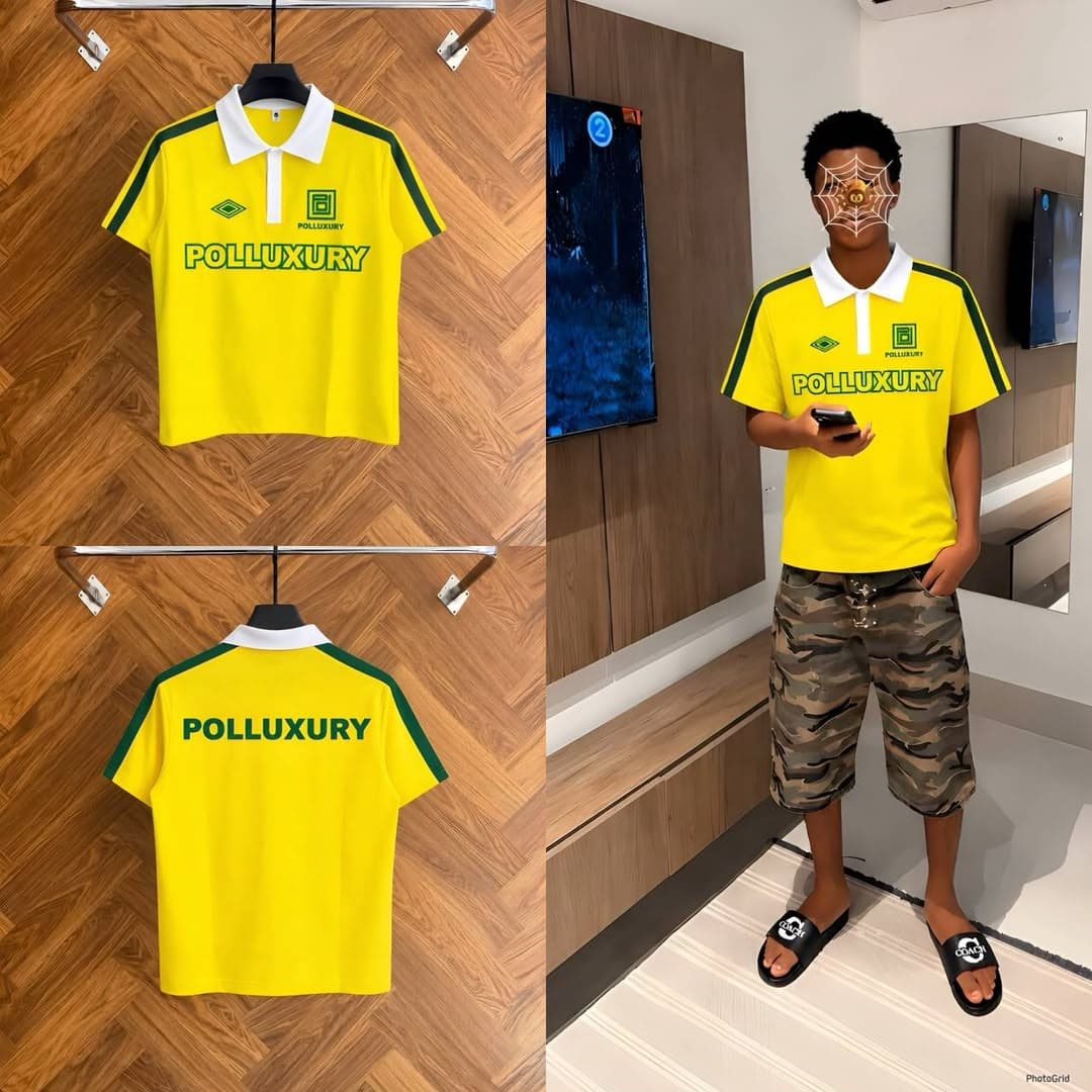 Yellow POLLUXURY polo shirt with green accents shown in front, back and model lifestyle views.