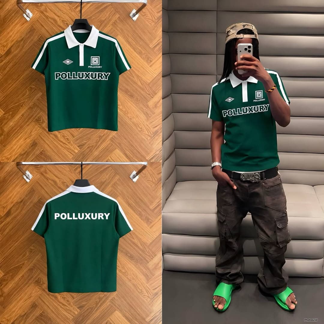 Green POLLUXURY polo shirt with white accents shown in front, back and model lifestyle views.