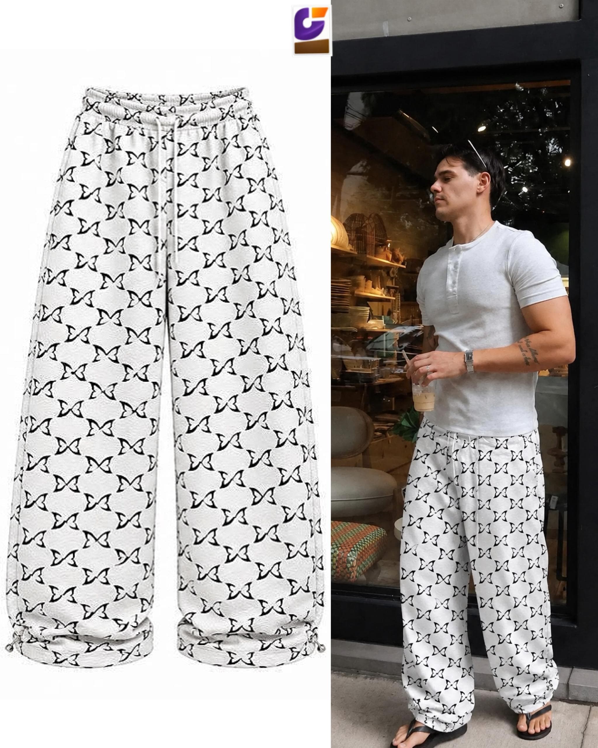 White joggers with black all-over butterfly print shown in flat lay and on model.