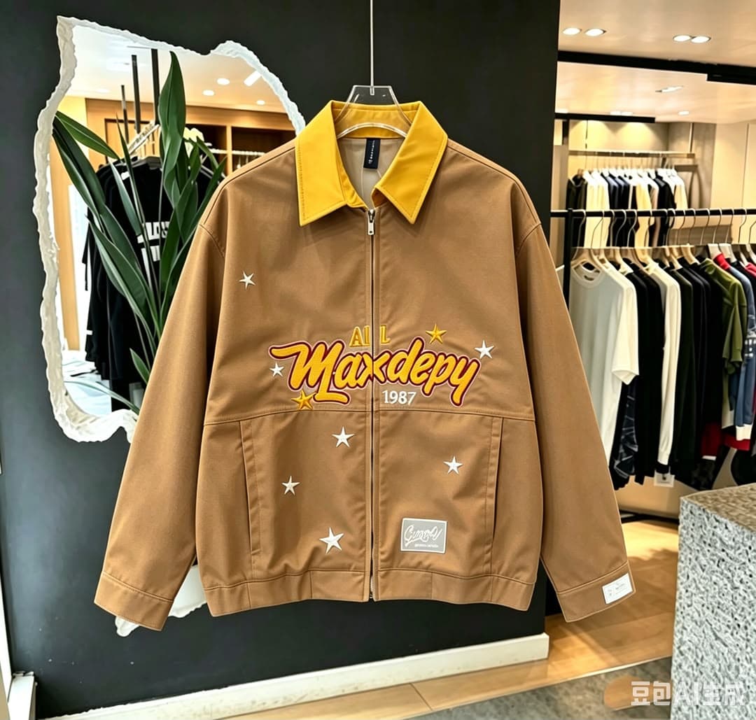 Red graphic zip-up jacket with yellow contrast collar and star embroidery.