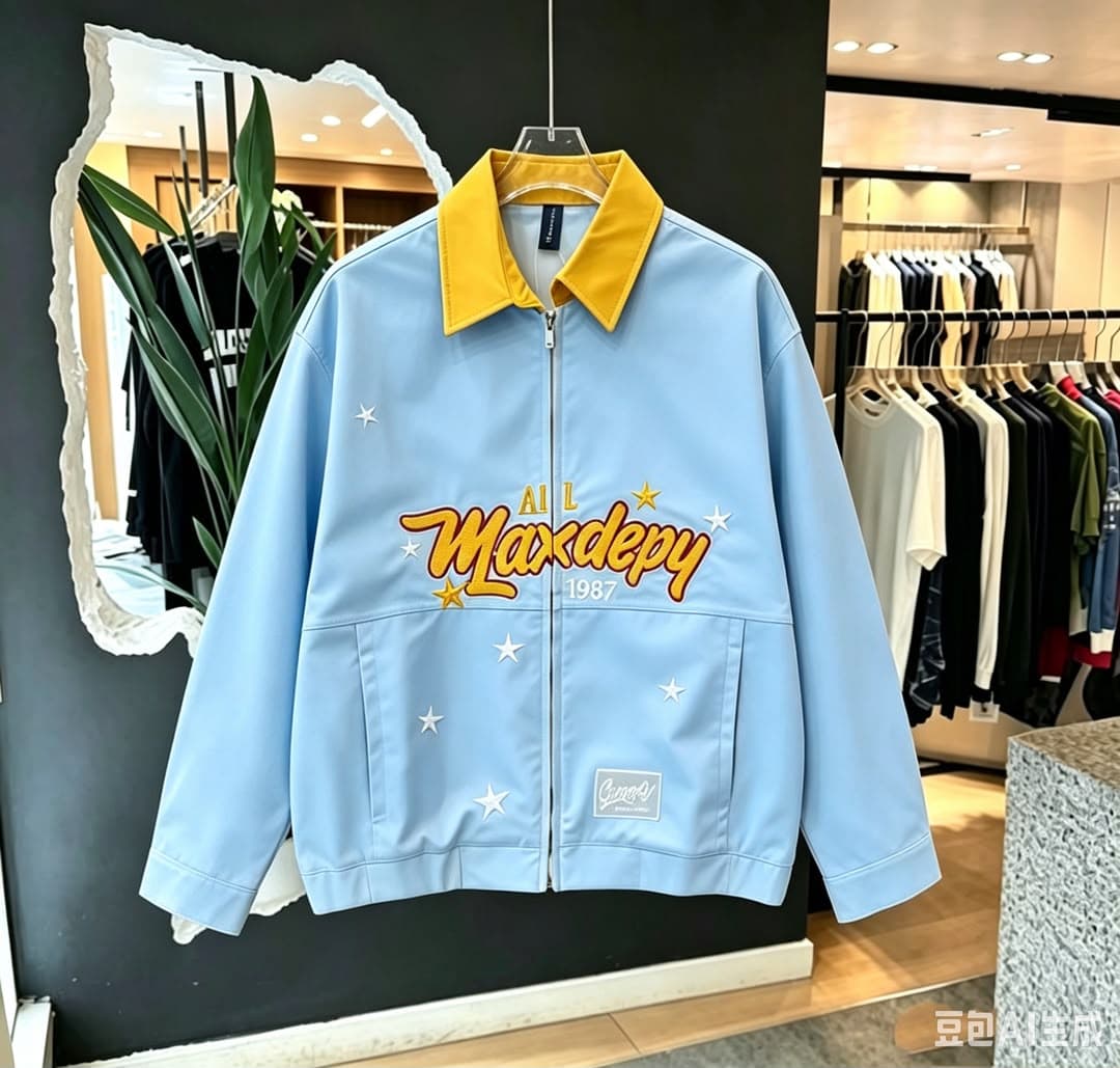 Black graphic zip-up jacket with yellow contrast collar and star embroidery.