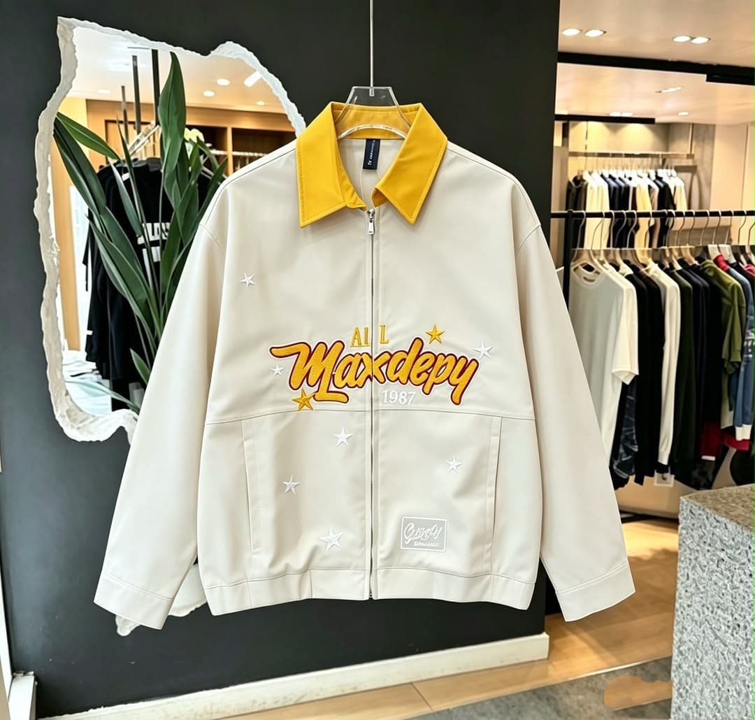 Cream graphic zip-up jacket with yellow contrast collar and star embroidery.