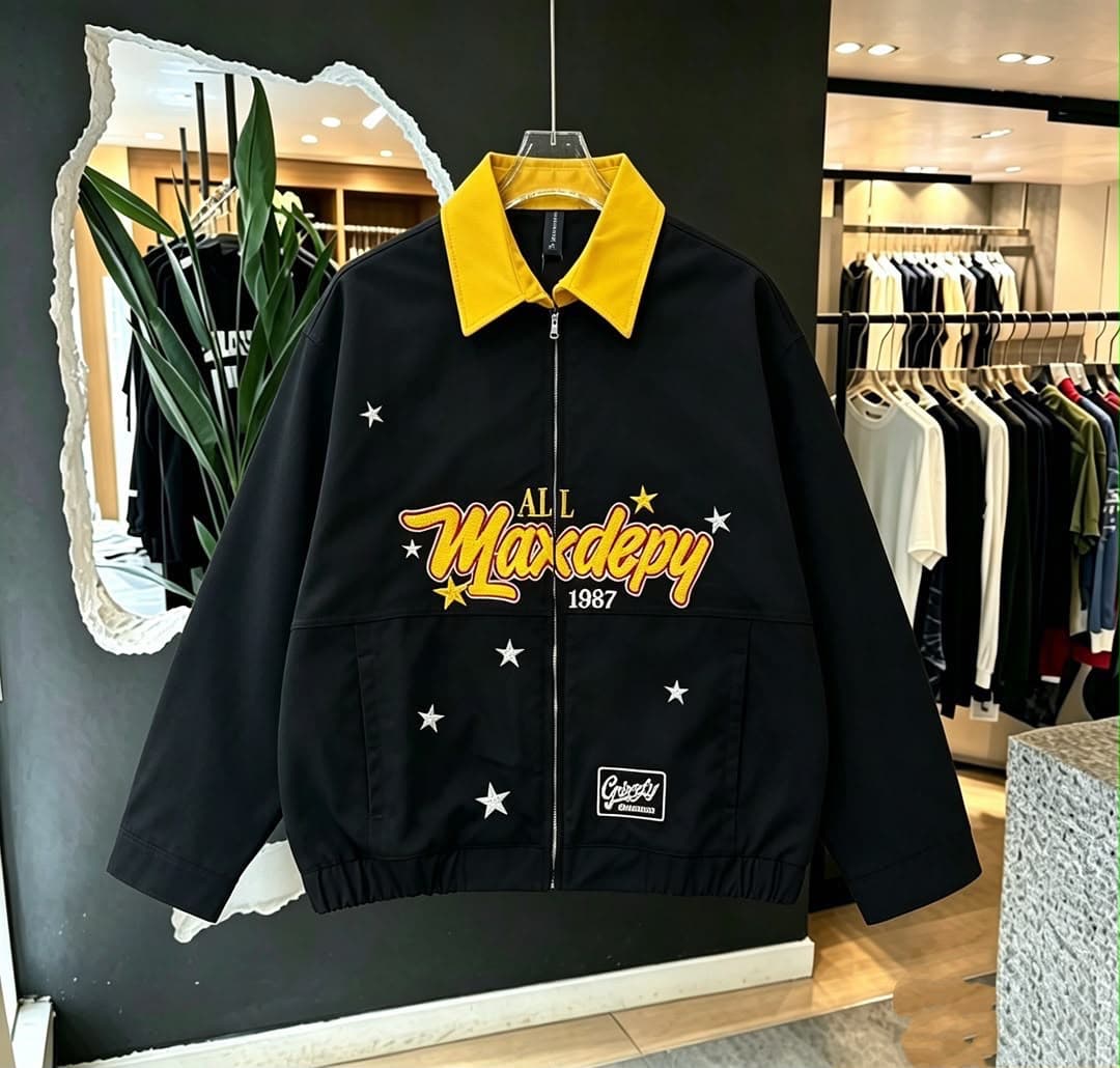 Light blue graphic zip-up jacket with yellow contrast collar and star embroidery.