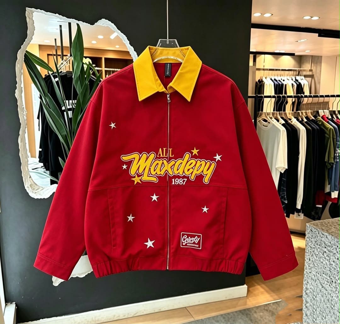 Brown graphic zip-up jacket with yellow contrast collar and star embroidery.
