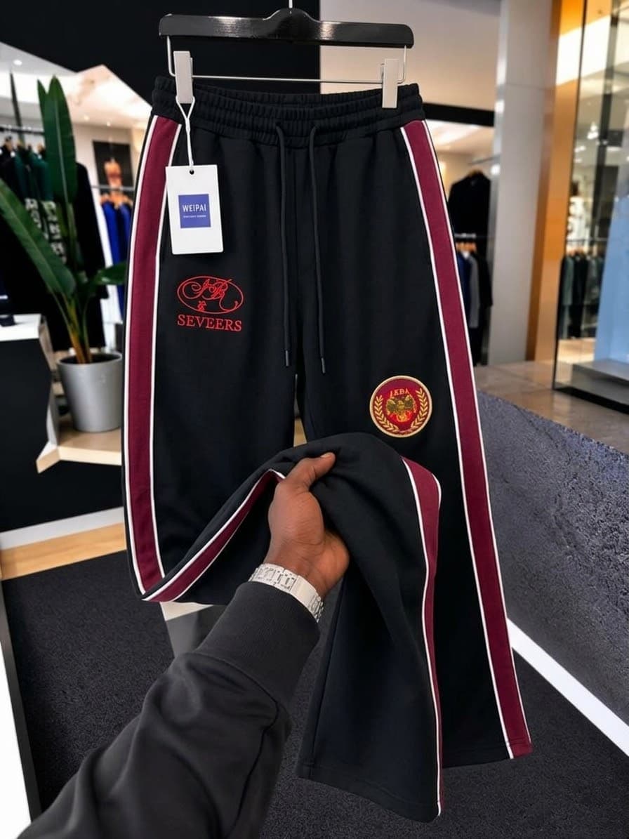 Burgundy Mode Gipe embroidered joggers on hanger with hand holding the leg to show Made Clubs script.