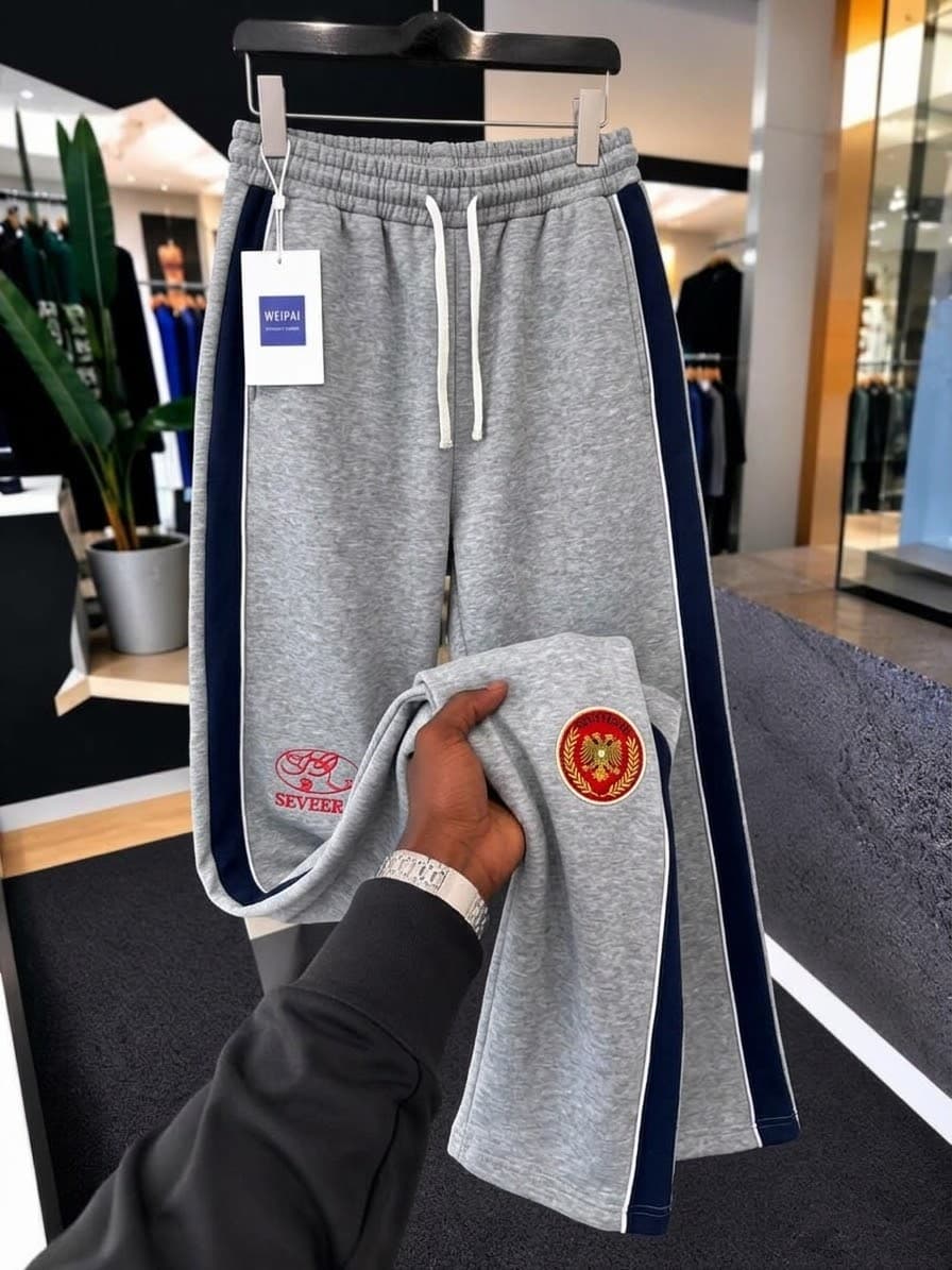 Black Mode Gipe embroidered joggers on hanger with hand holding the leg to show Made Clubs script.