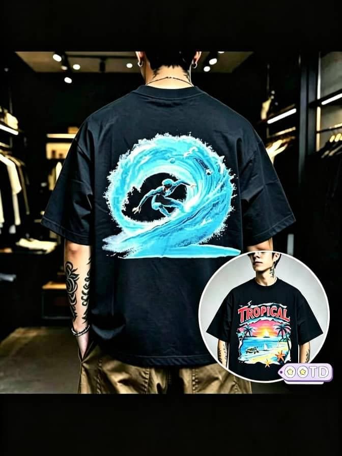 Man in black oversized T-shirt showing large surfer wave graphic on back with tropical front print inset.