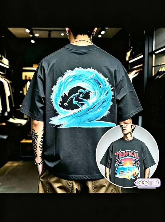 Man in black oversized T-shirt showing large surfer wave graphic on back with tropical front print inset.