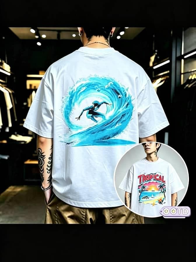 Man in white oversized T-shirt showing large surfer wave graphic on back with tropical front print inset.