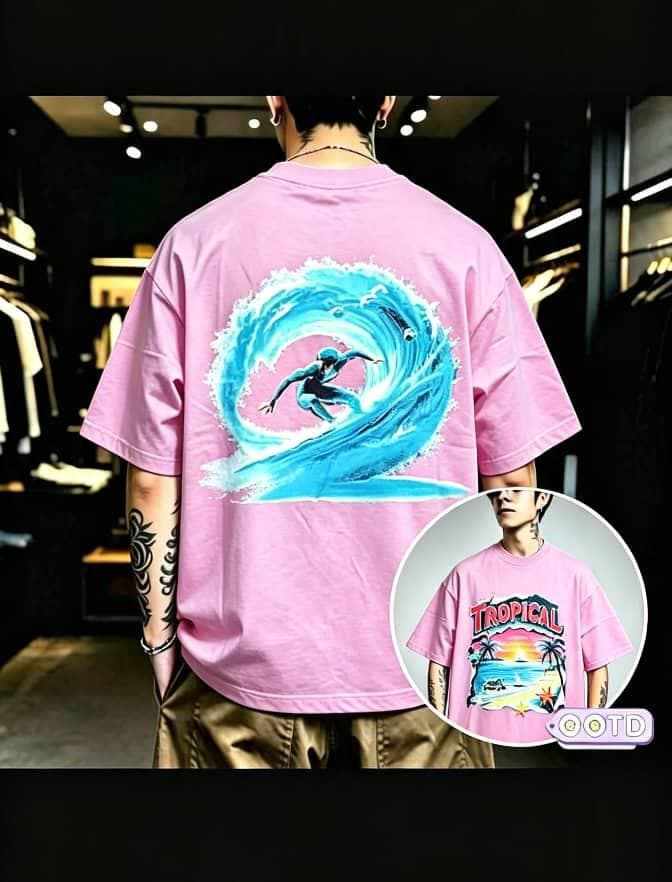 Man in pink oversized T-shirt showing large surfer wave graphic on back with tropical front print inset.