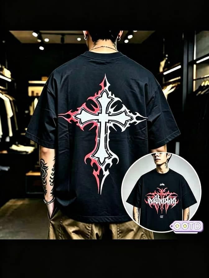 Model from behind in black oversized T-shirt with large flaming cross graphic on back, circular front inset showing deathstar text.