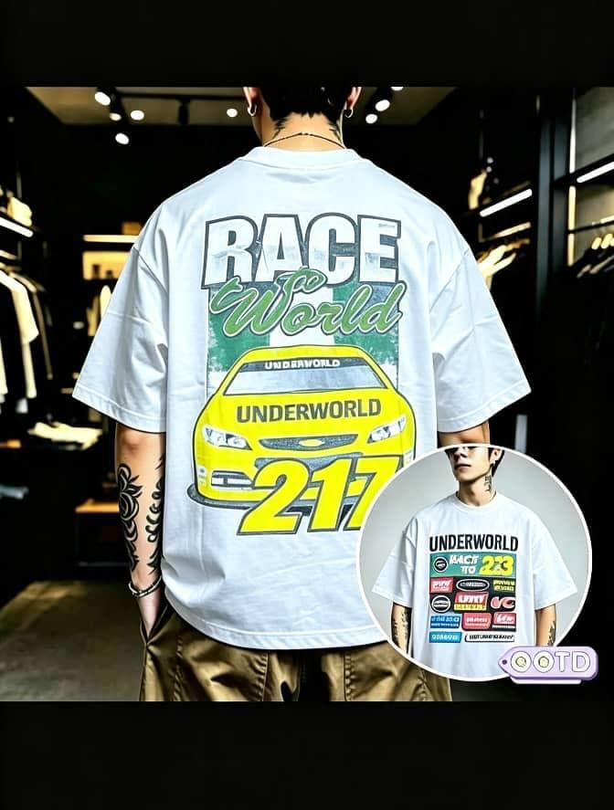 Model from behind in white oversized T-shirt with race car and sponsor graphics on back, circular front inset.