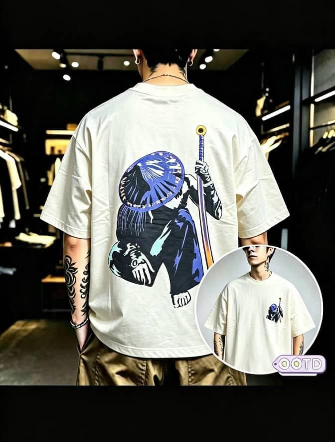 Model from behind in cream oversized T-shirt with blue ronin samurai and sword graphic on back, circular front inset.