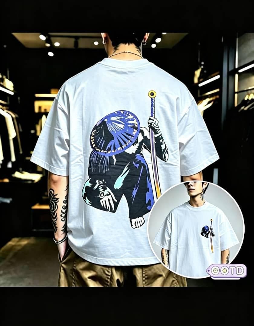 Model from behind in white oversized T-shirt with blue ronin samurai and sword graphic on back, circular front inset.