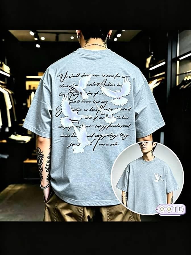 Model from behind in gray oversized T-shirt with doves and cursive text graphic on back, circular front inset.