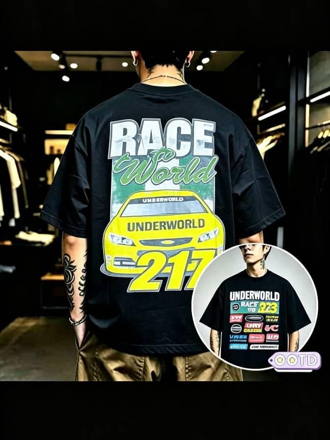 Model from behind in black oversized T-shirt with race car and sponsor graphics on back, circular front inset.
