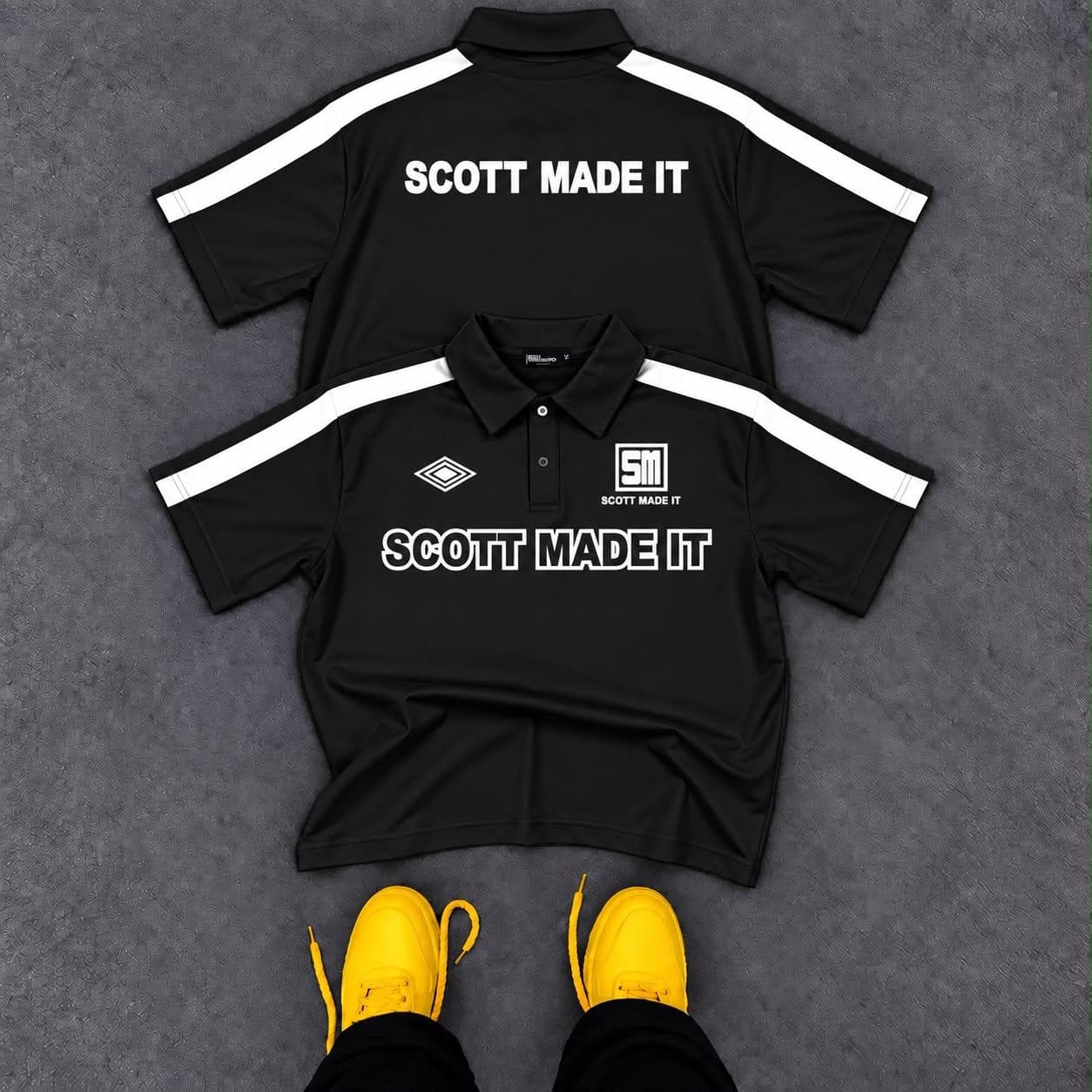 Front and back views of black Scott Made It polo shirt with white stripes.