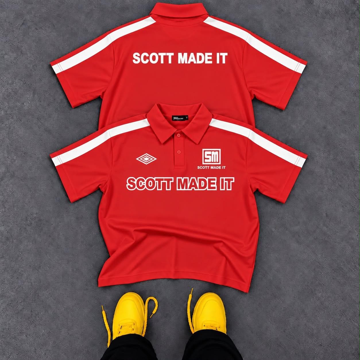 Front and back views of red Scott Made It polo shirt with white stripes.