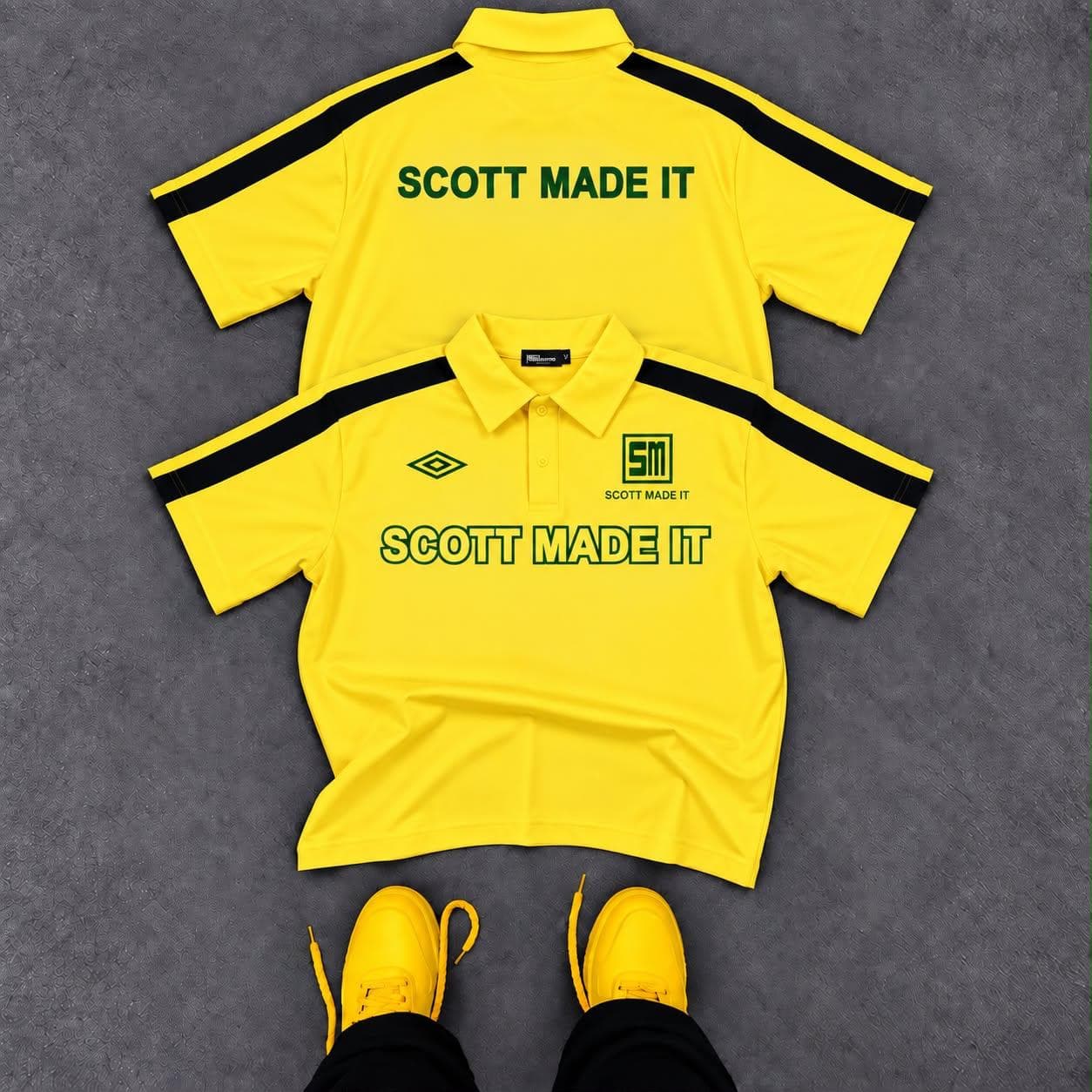 Front and back views of yellow Scott Made It polo shirt with black stripes.