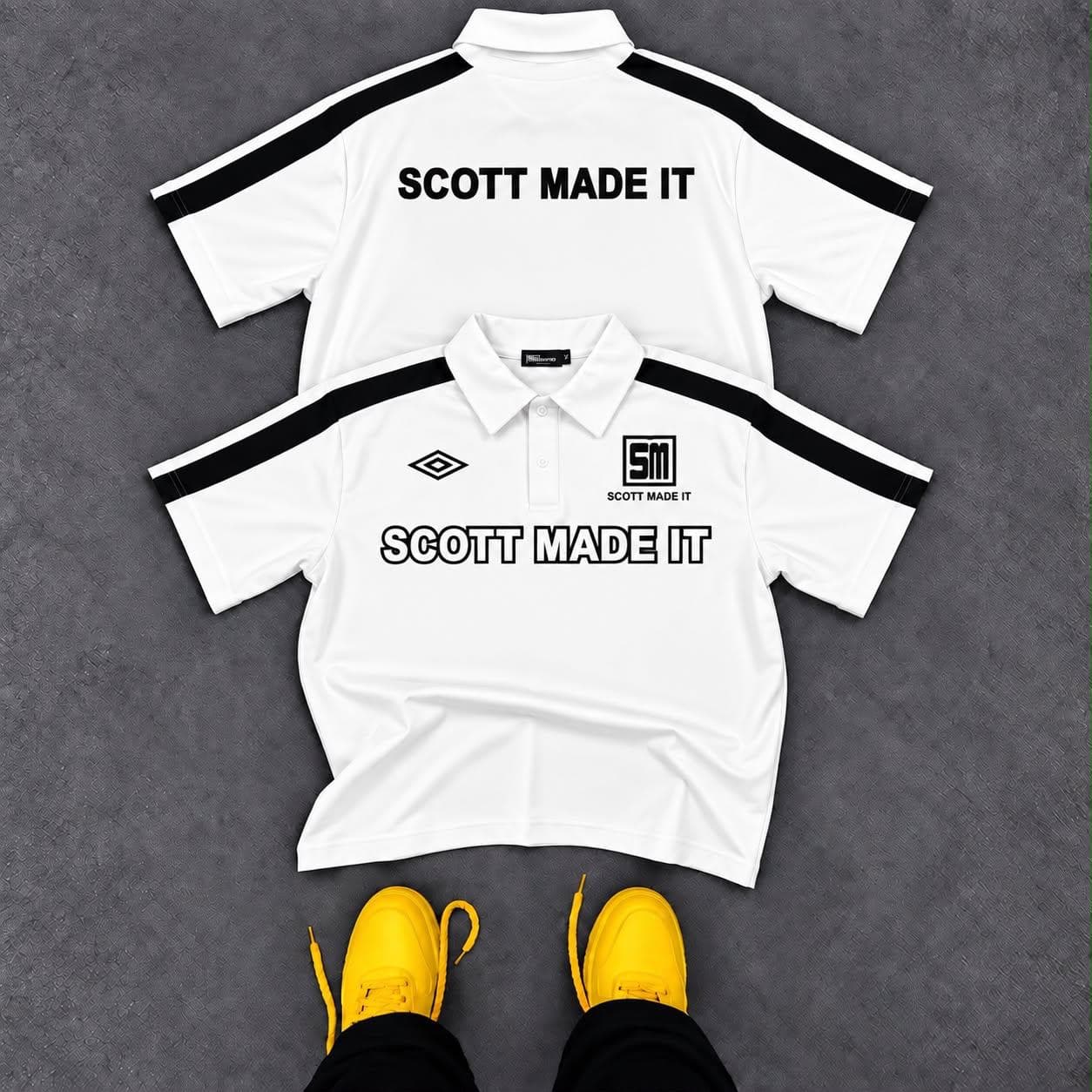 Front and back views of white Scott Made It polo shirt with black stripes.