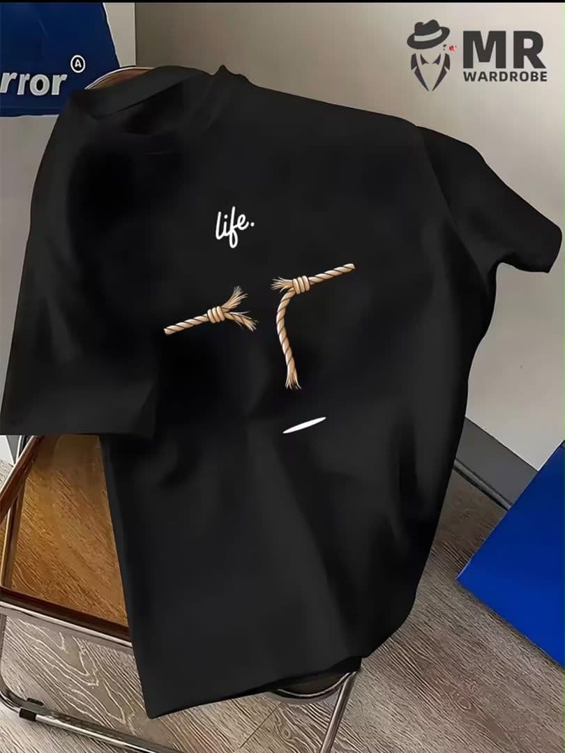 Black t-shirt laid flat with red pocket containing cartoon bunny and Nice day text.