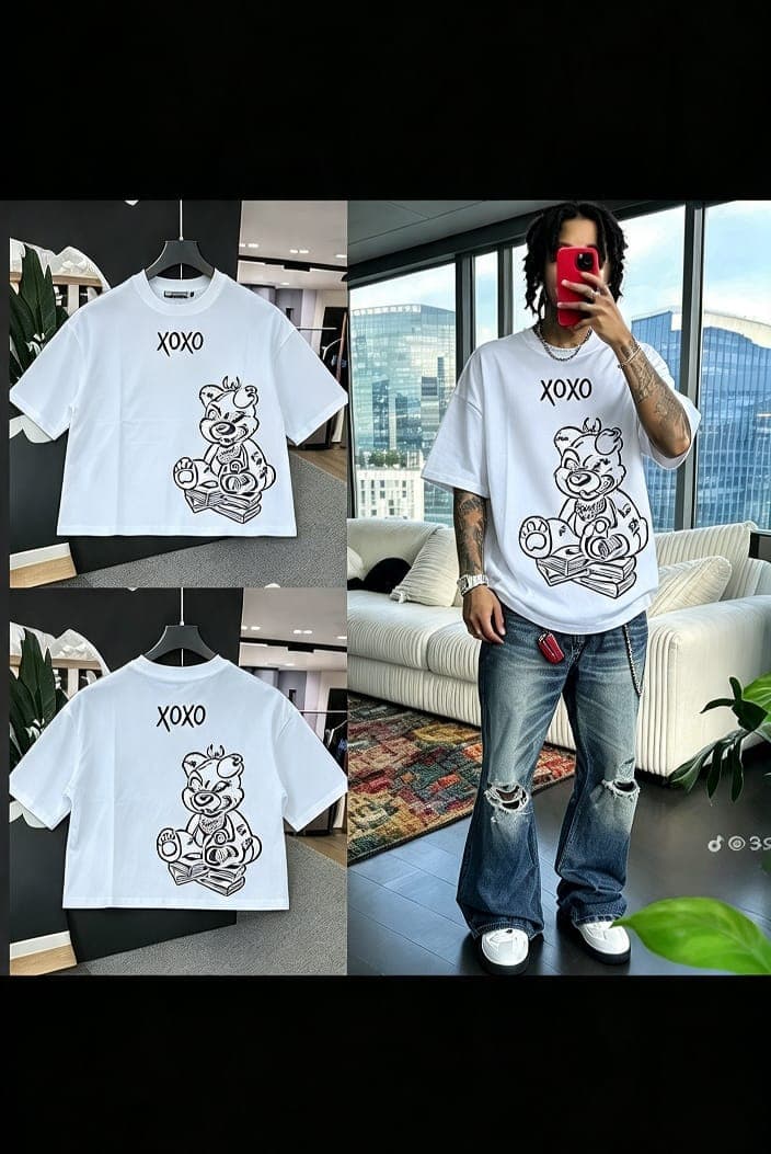 White cropped t-shirt with XOXO teddy bear graphic on front and back, shown in flat lays and on model.